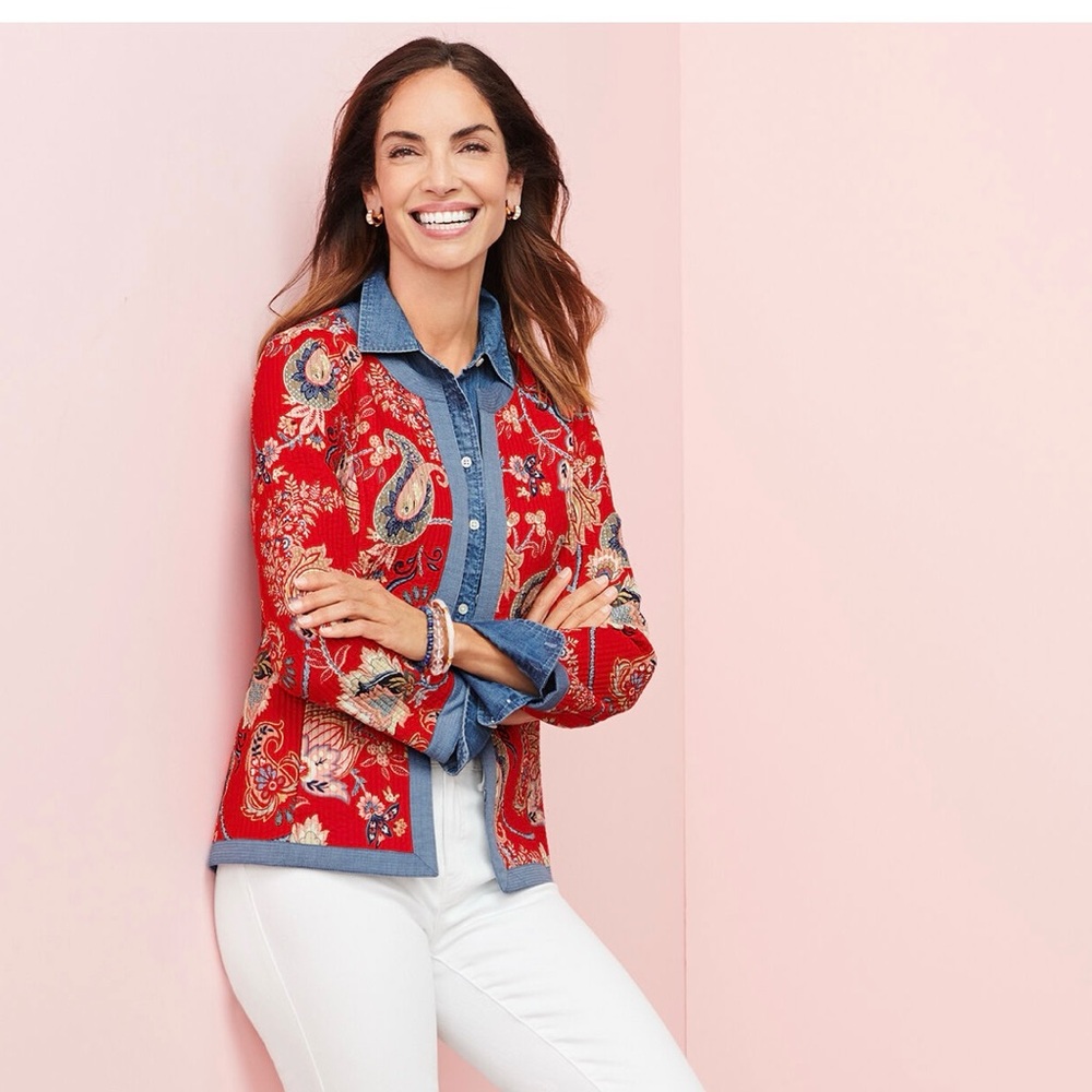 Talbots - Red Paisley Quilted Jacket Blazer - 100% Cotton - Size XL- Like New! - Picture 4 of 12